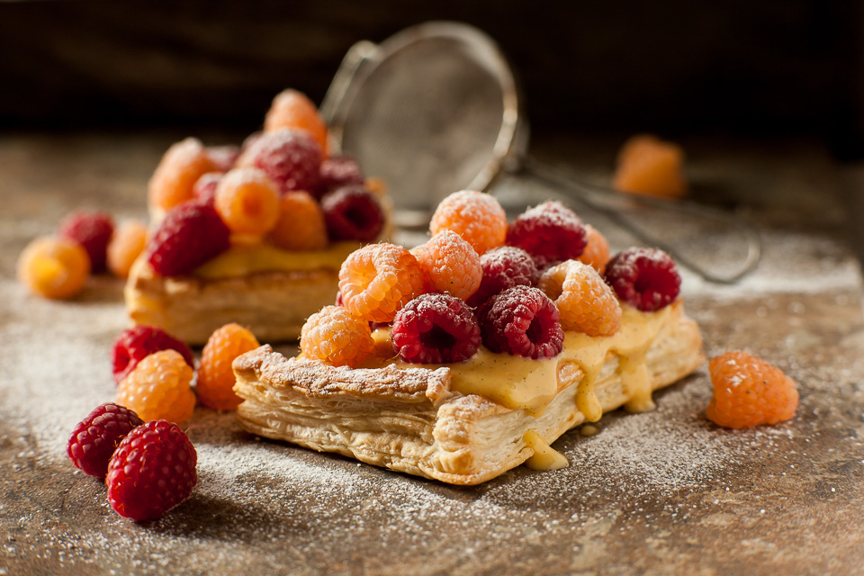 Where to Focus: Food photography. Wilde Orchard's puff pastry, red and golden raspberries and creme pat
