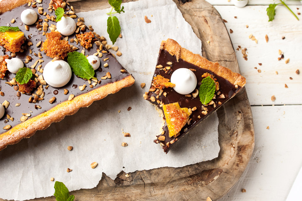 Chocolate Tart with hazelnuts, honeycomb, merigues and mint