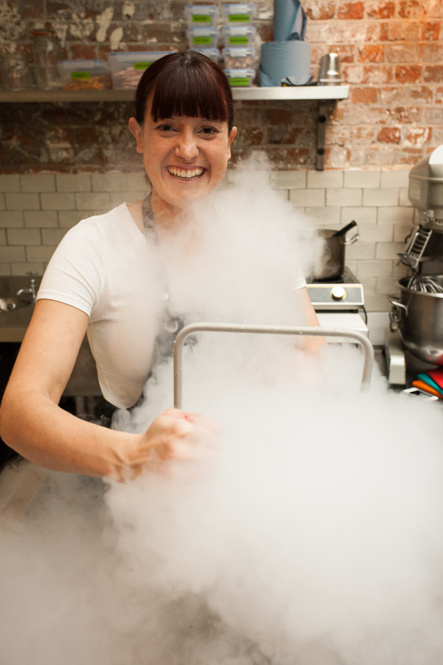 Kira Ghidoni, pastry chef, loving the liquid nitrogen