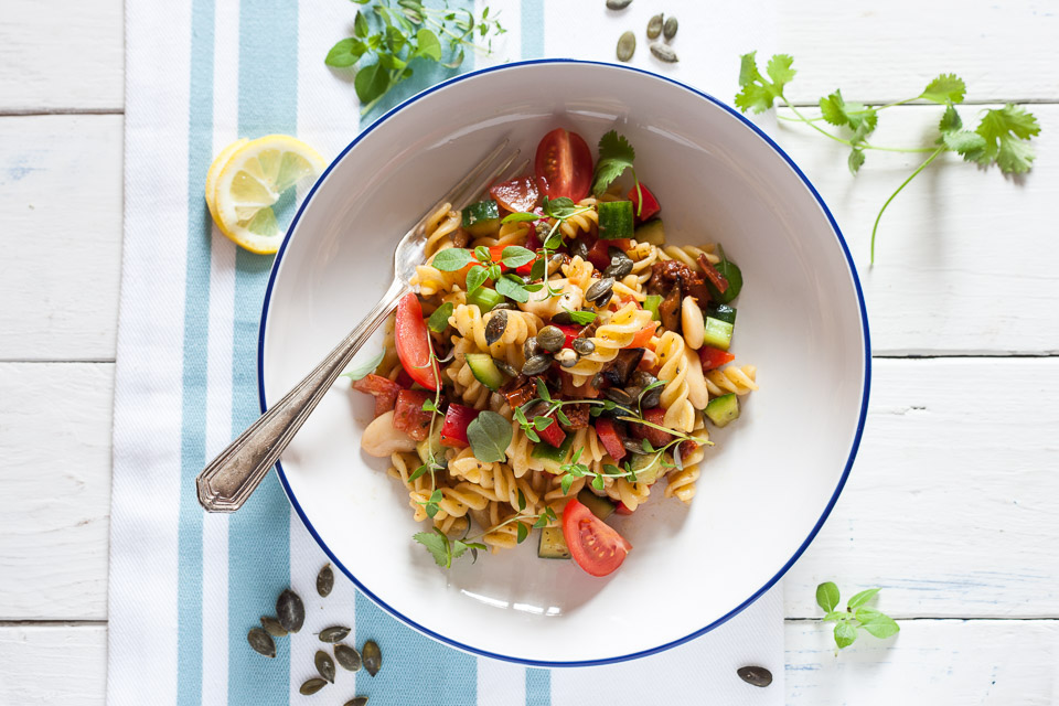 Good food photograph: Pasta Salad photographed and published for The Vegetarian Society| Contrasting colours in food photography