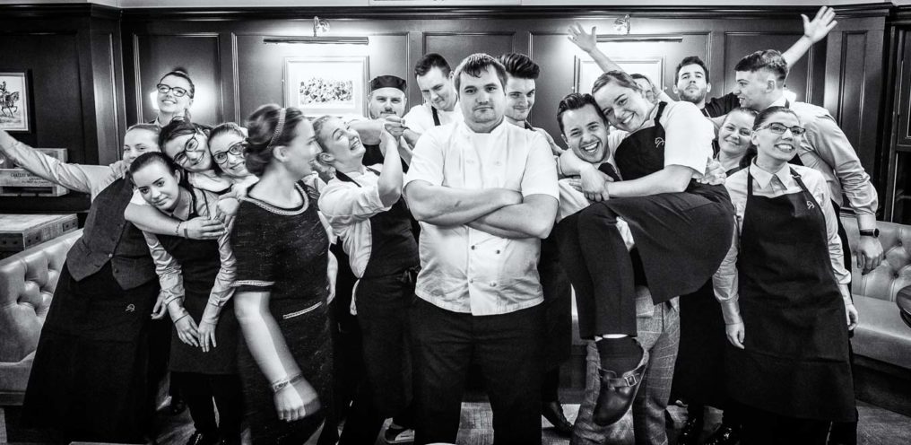 Fun group shot with a serious looking chef in the centre and all the rest of the restaurant team messing about around him. With Chef Steven Ellis, GM Daniel Crump, Ami Ellis and Margriet Crump