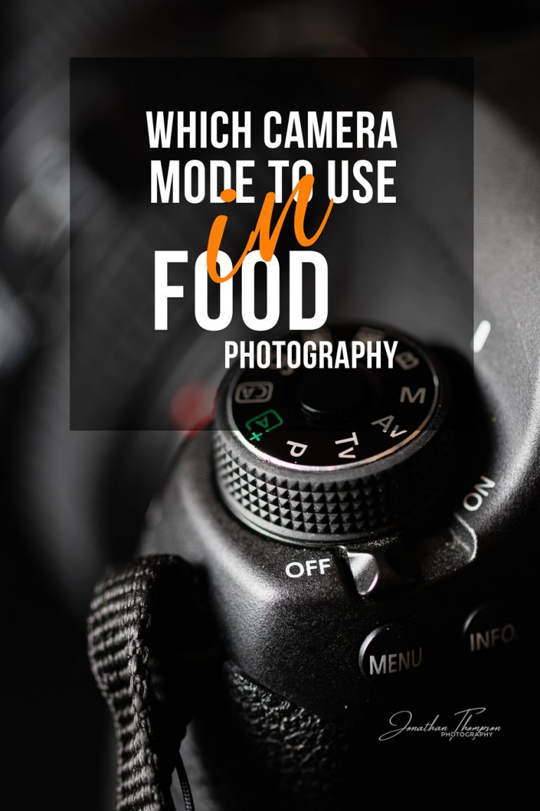 Vertical photo of a camera mode dial with a title overlaying with Which Camera Mode To Use In Food Photography