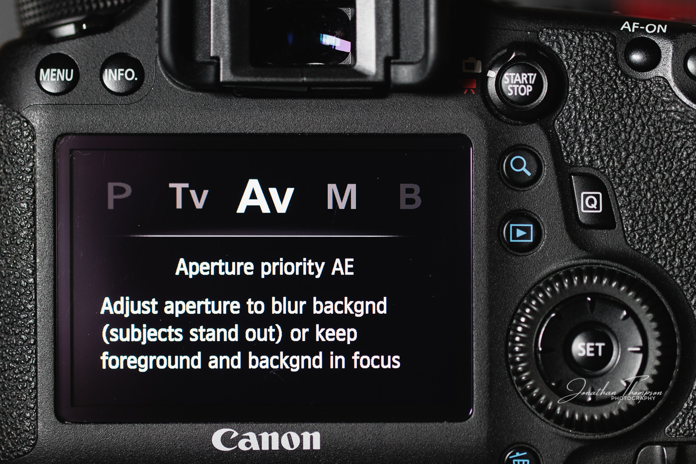 Canon DSLR rear screen displaying Aperture Priority camera mode
