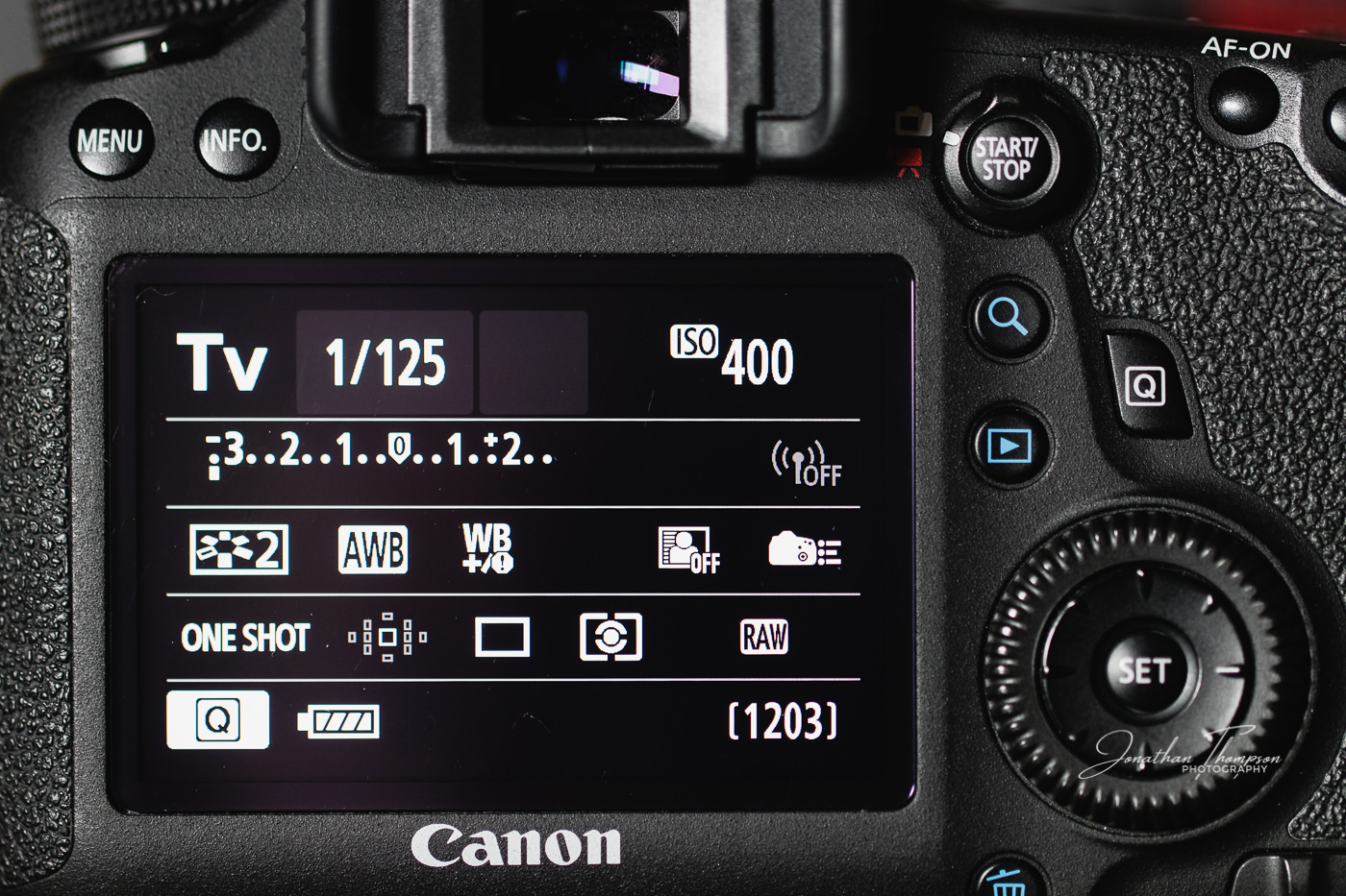Canon DSLR rear screen displaying Shutter Priority camera mode