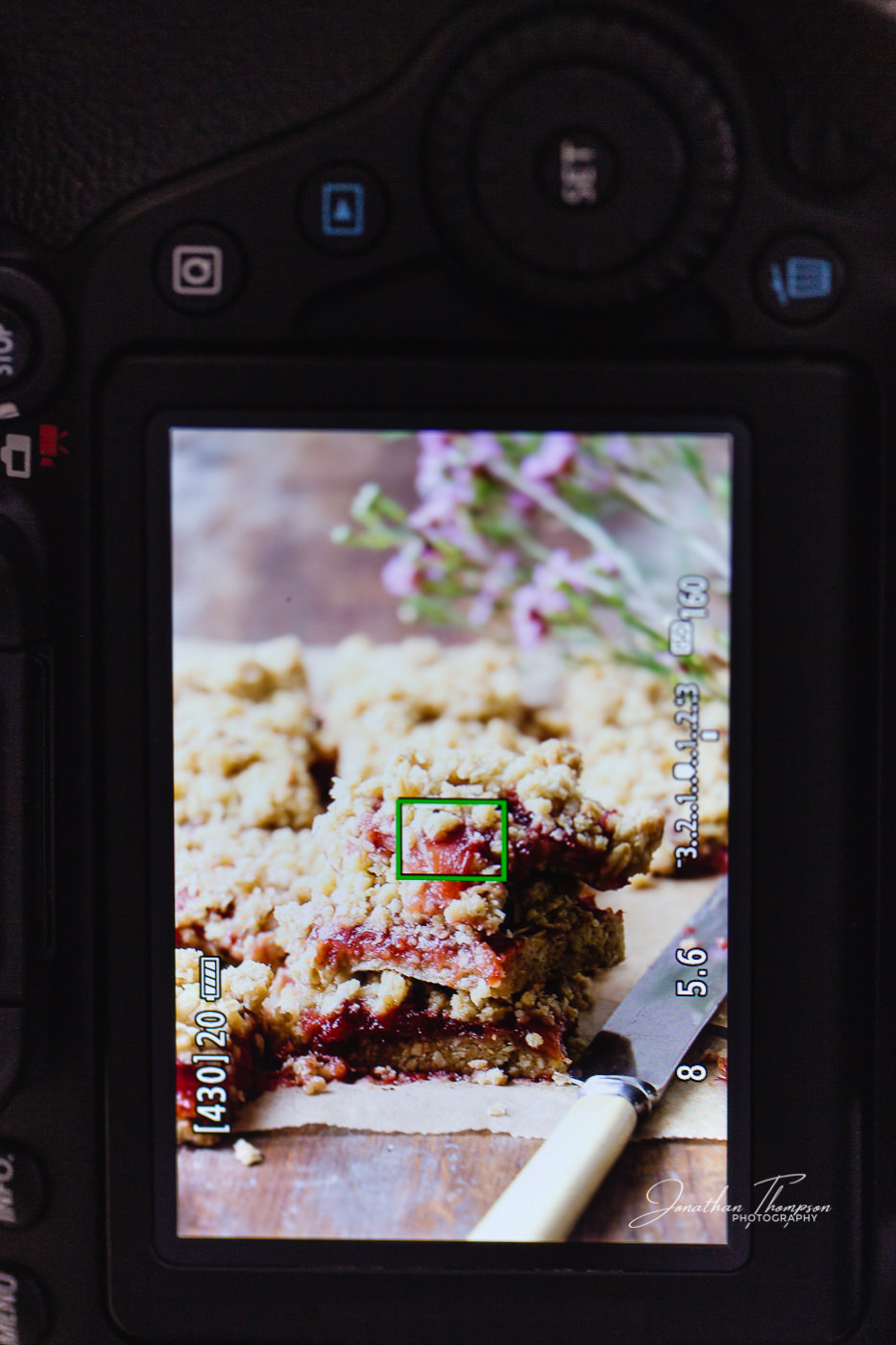 Back of a Canon camera shot showing which focus point I'm using to focus on a food scene