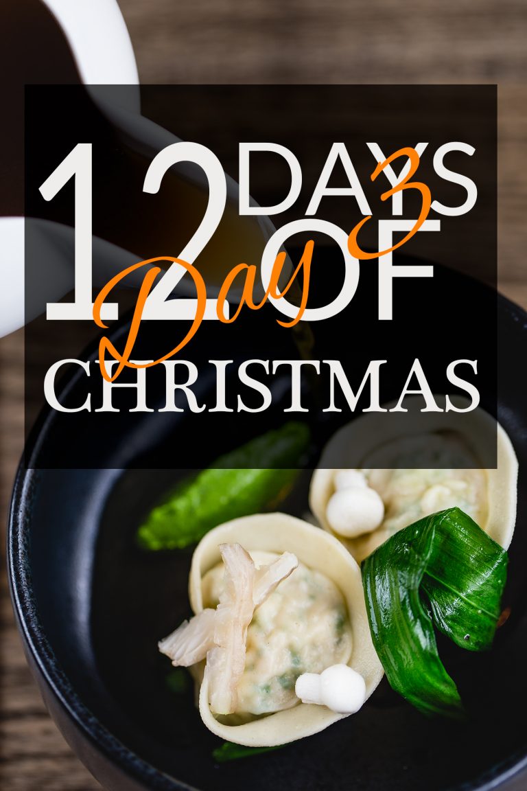 Graphic overlay saying 12 Days Of Christmas, Day 3 over picture of a white jug spout can be seen with a light brown broth pouring from it onto a pasta dish in a black bowl. From Docket No.33