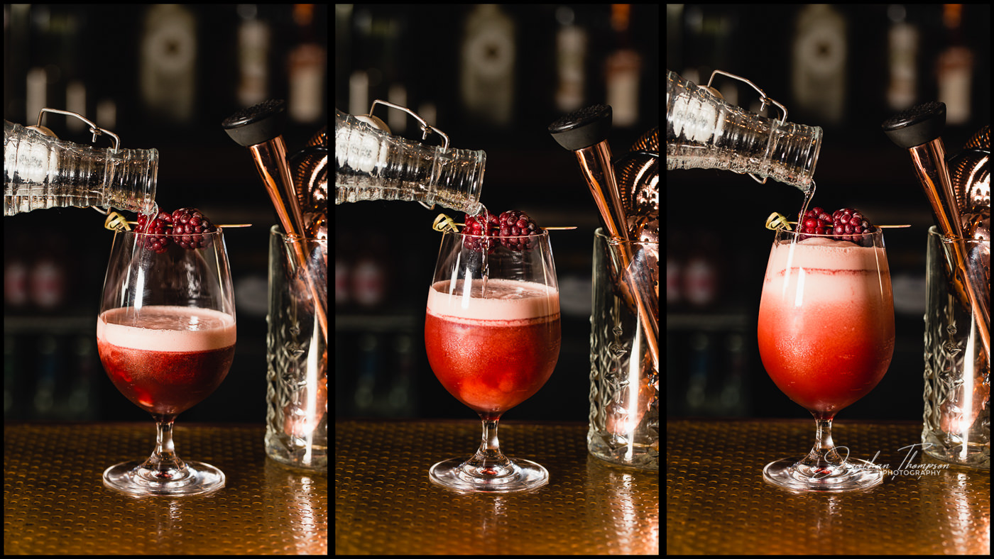 Three in one picture of pouring carbonated water into a cocktails glass with a red liquid . Clouds of bubbles swirl in the glass. Pouring Cocktails