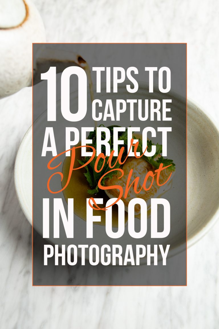 Pouring liquid into a dish with graphics overlaying with 10 Tips To Capture A Perfect Pour Shot In Food Photography